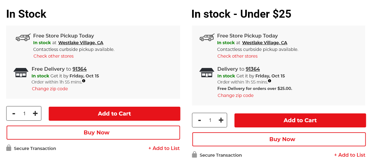 Wireframes showing In Stock and In Stock Under $25 states, with free store pickup and delivery options and Add to Cart button